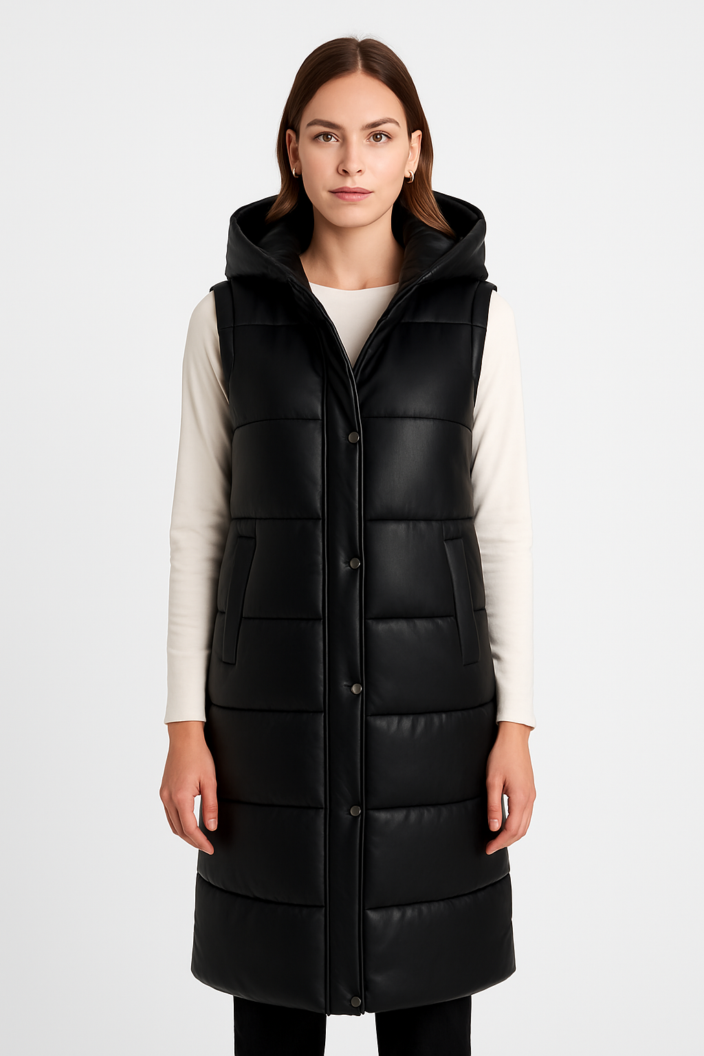 Lange Steppweste mit Kapuze Black