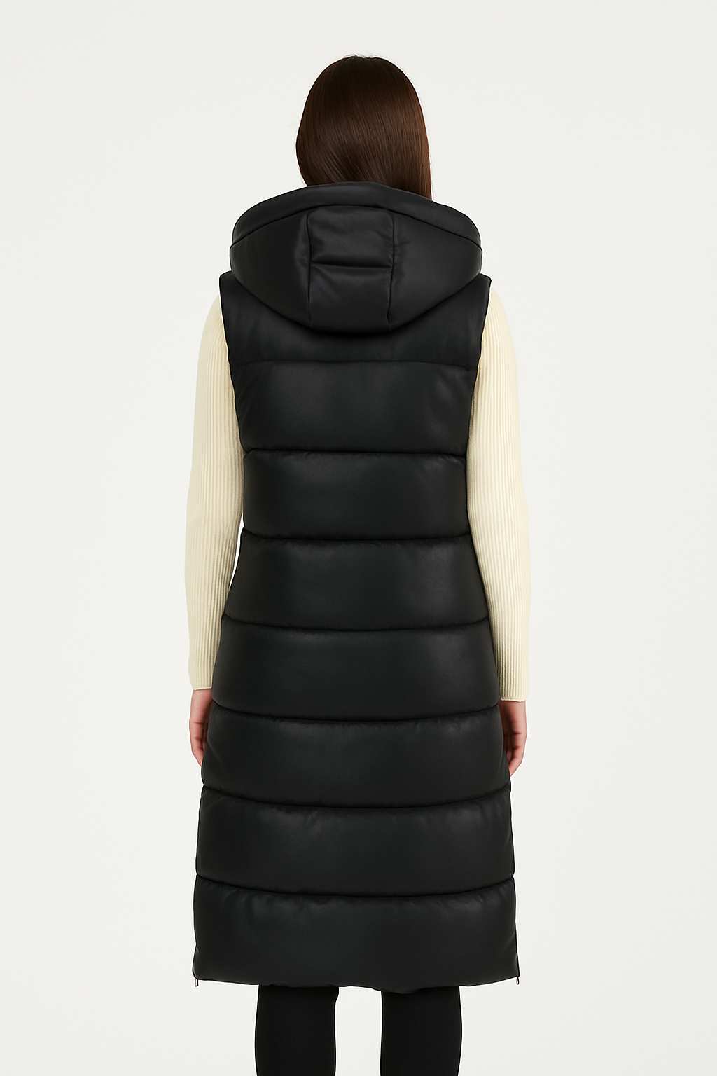 Lange Steppweste mit Kapuze Black