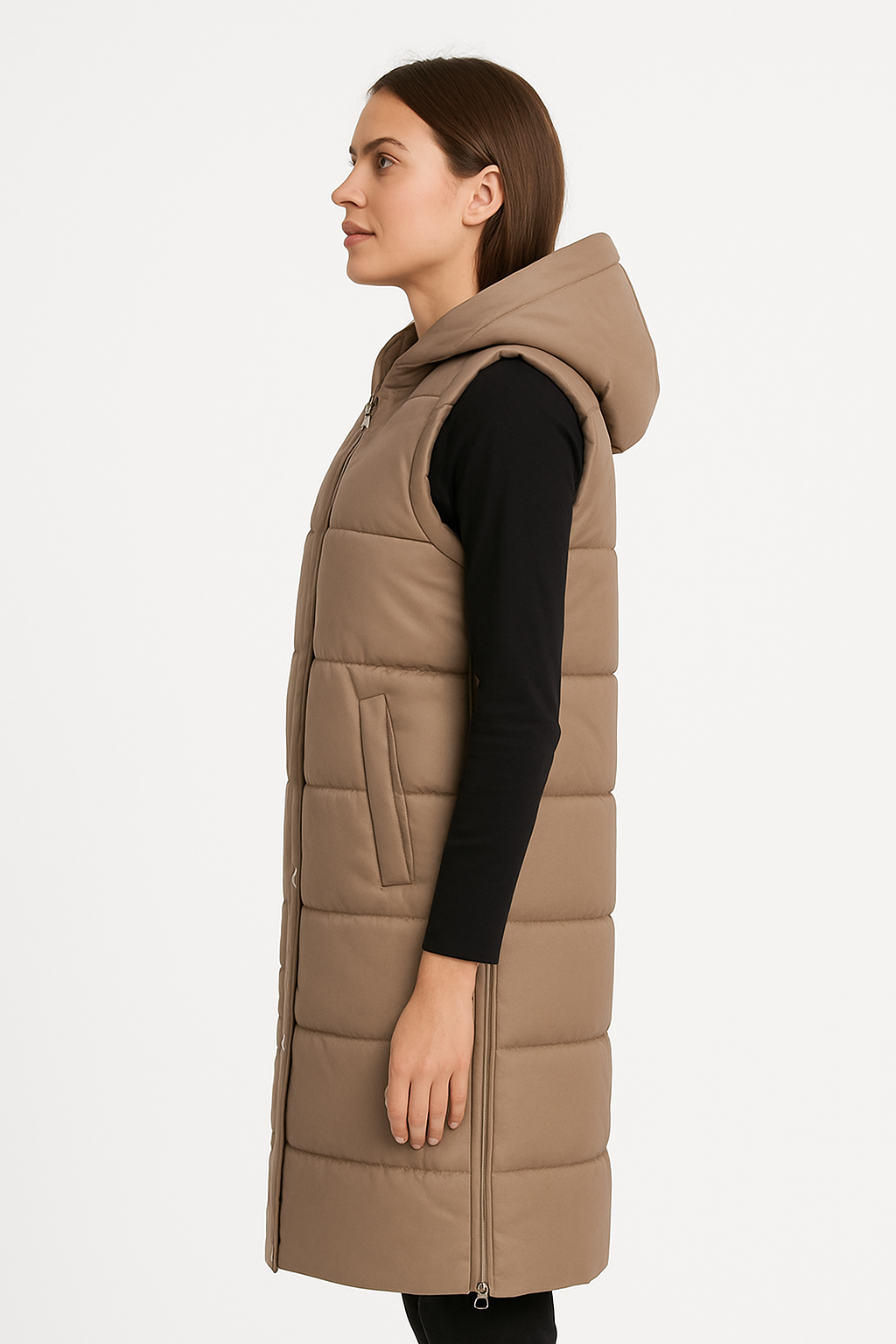 Lange Steppweste mit Kapuze Beige