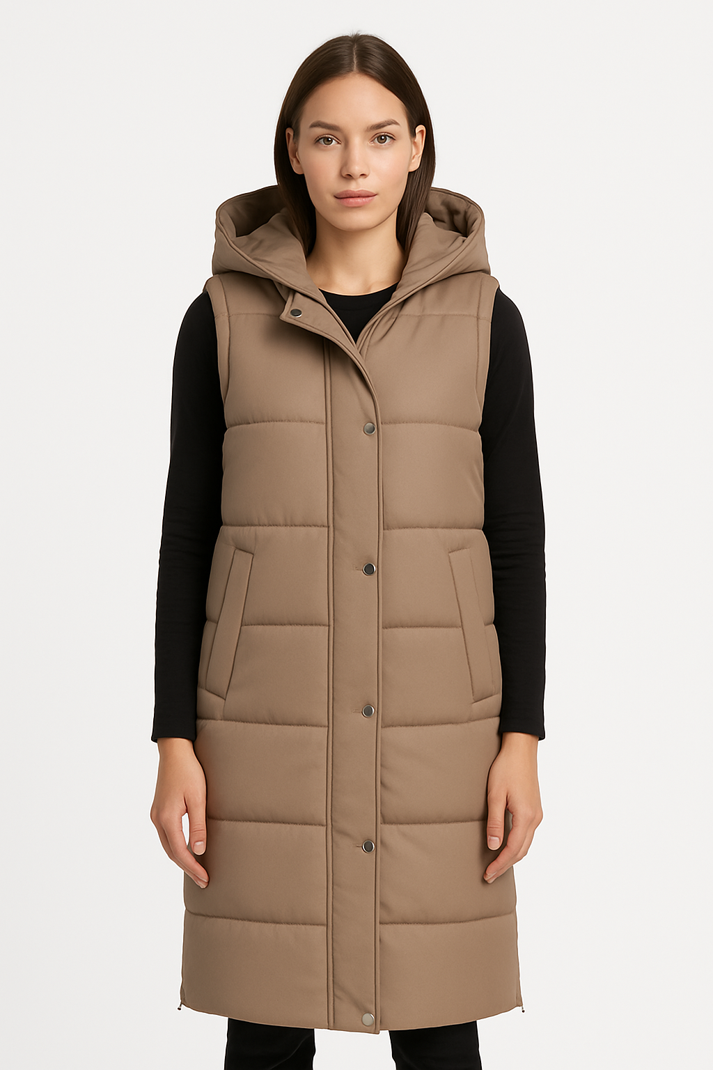 Lange Steppweste mit Kapuze Beige