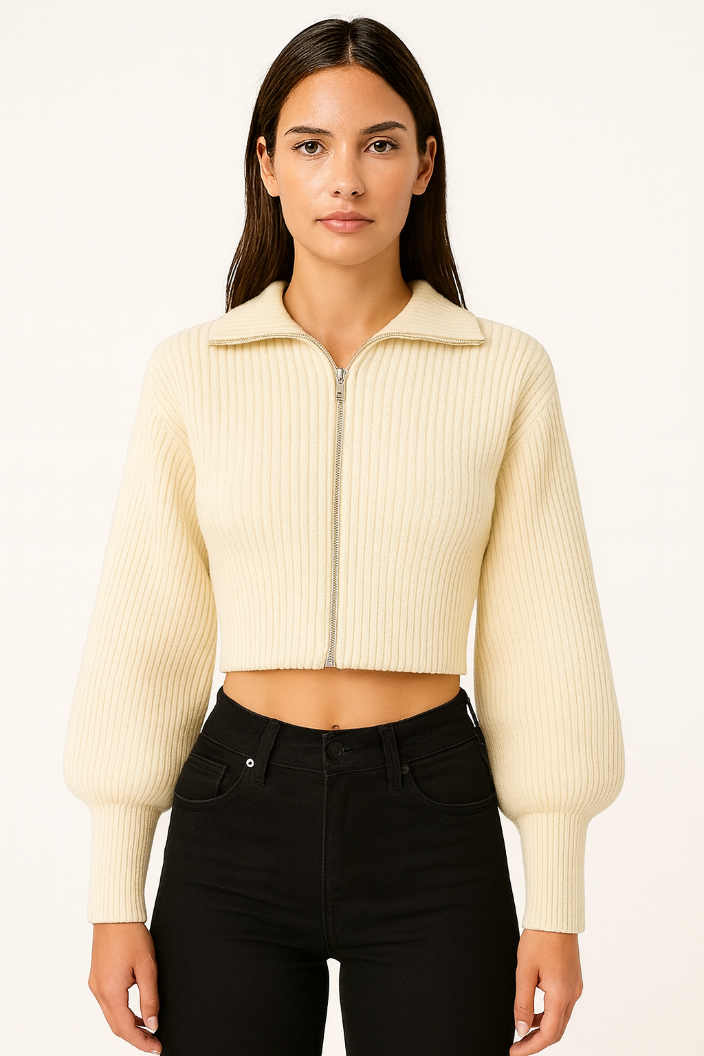 Eleganter Cropped Zip-Strickpullover Creme