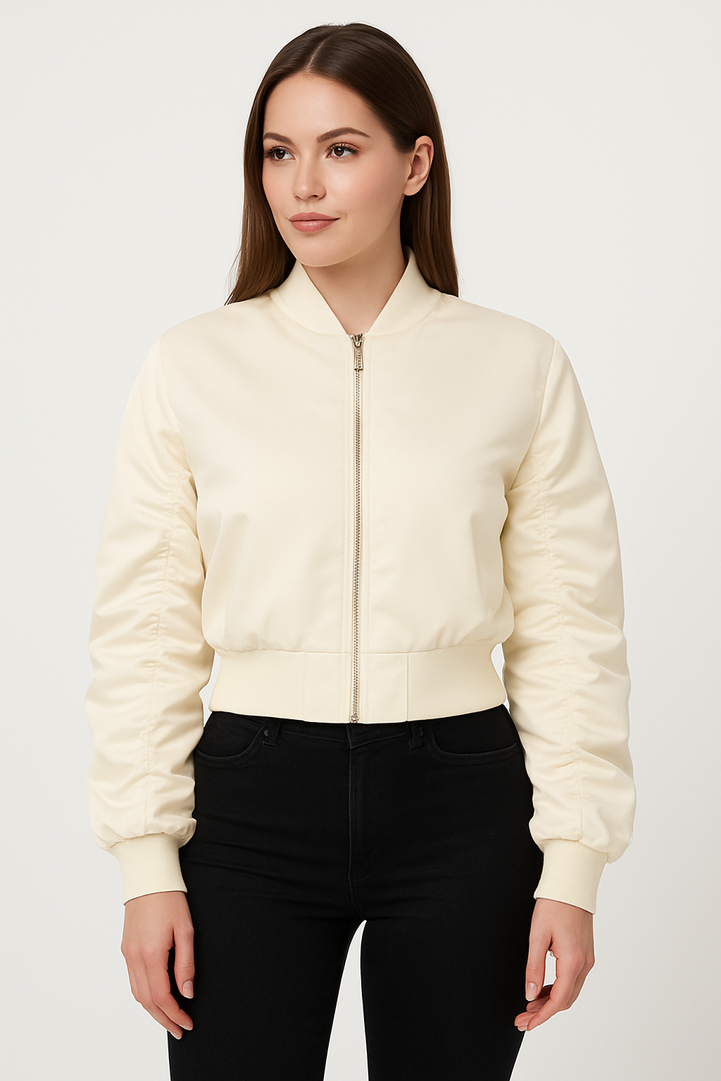 Cropped Satin-Bomberjacke Creme
