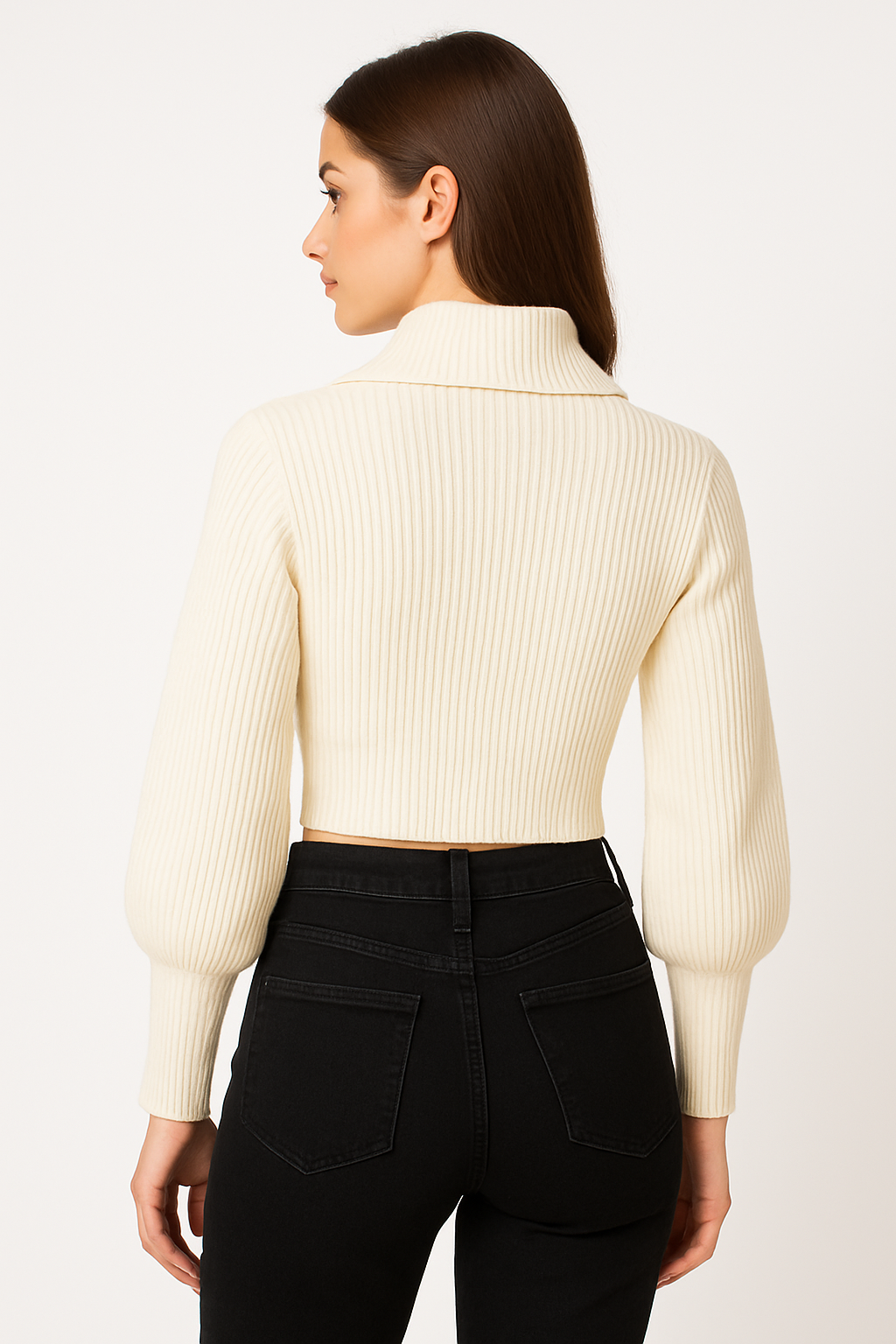 Eleganter Cropped Zip-Strickpullover Creme