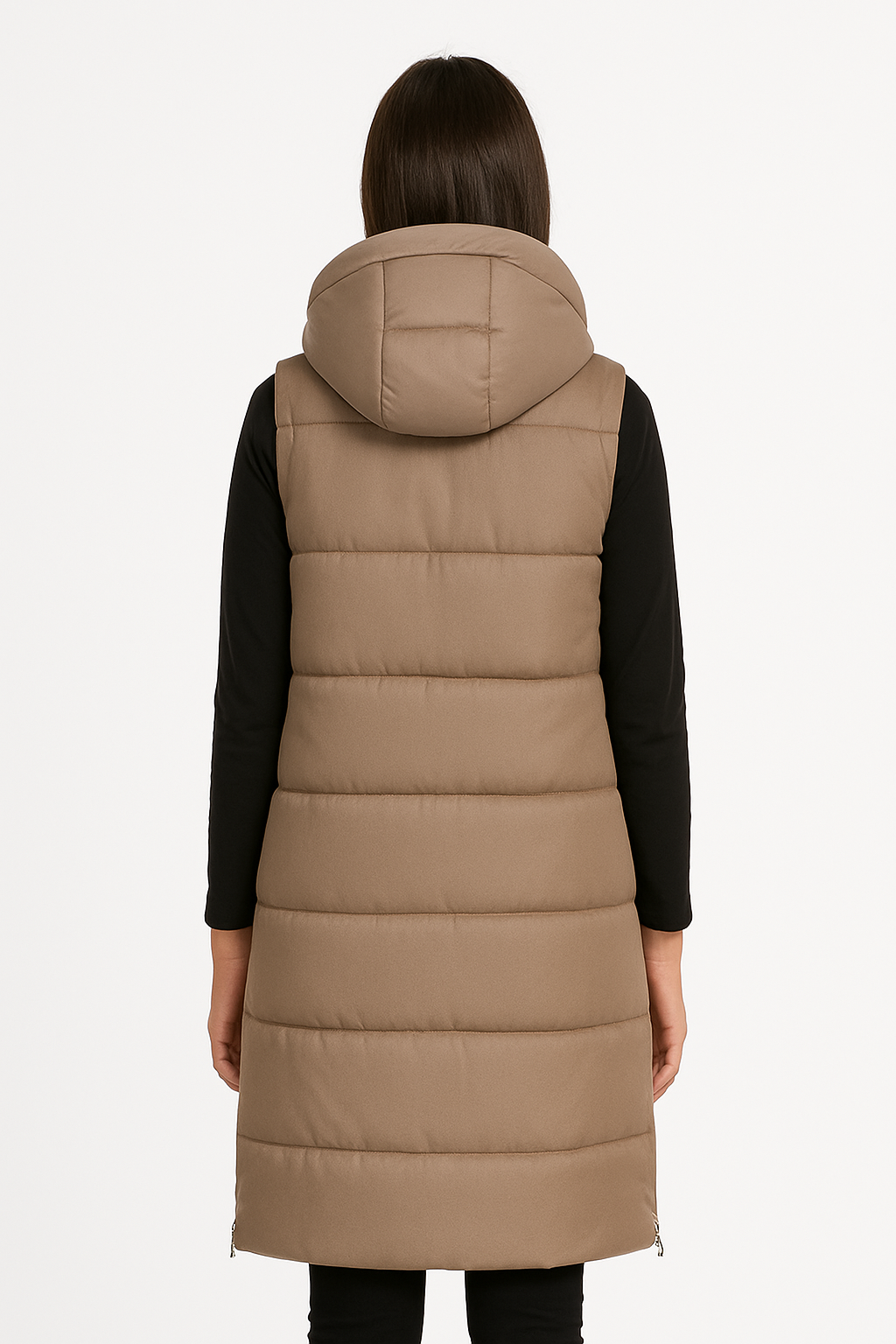 Lange Steppweste mit Kapuze Beige