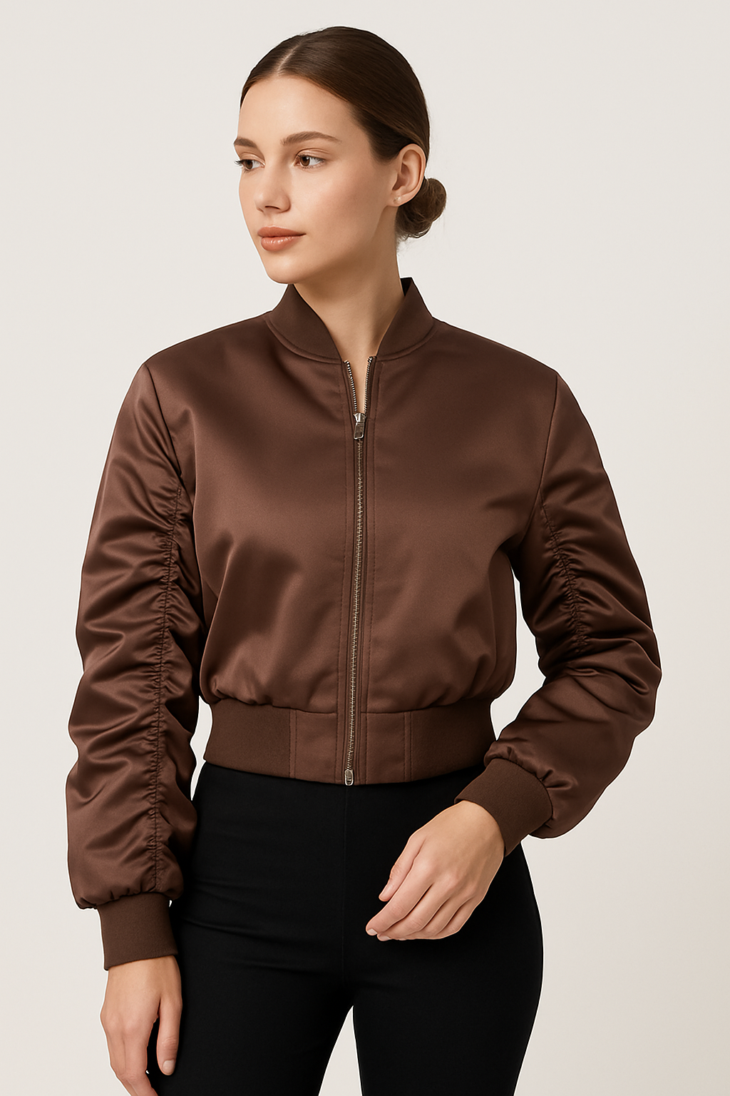 Cropped Satin-Bomberjacke Braun
