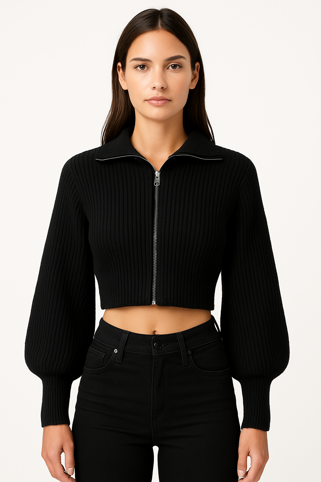 Eleganter Cropped Zip-Strickpullover Black