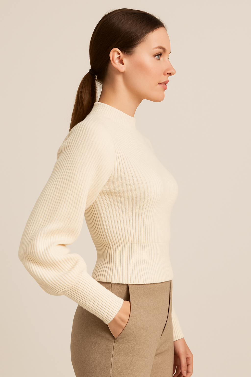 Eleganter Cropped Strickpullover Creme