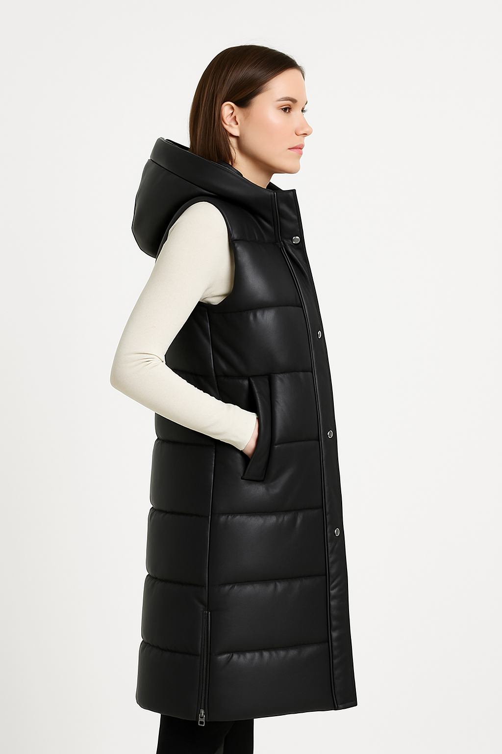 Lange Steppweste mit Kapuze Black