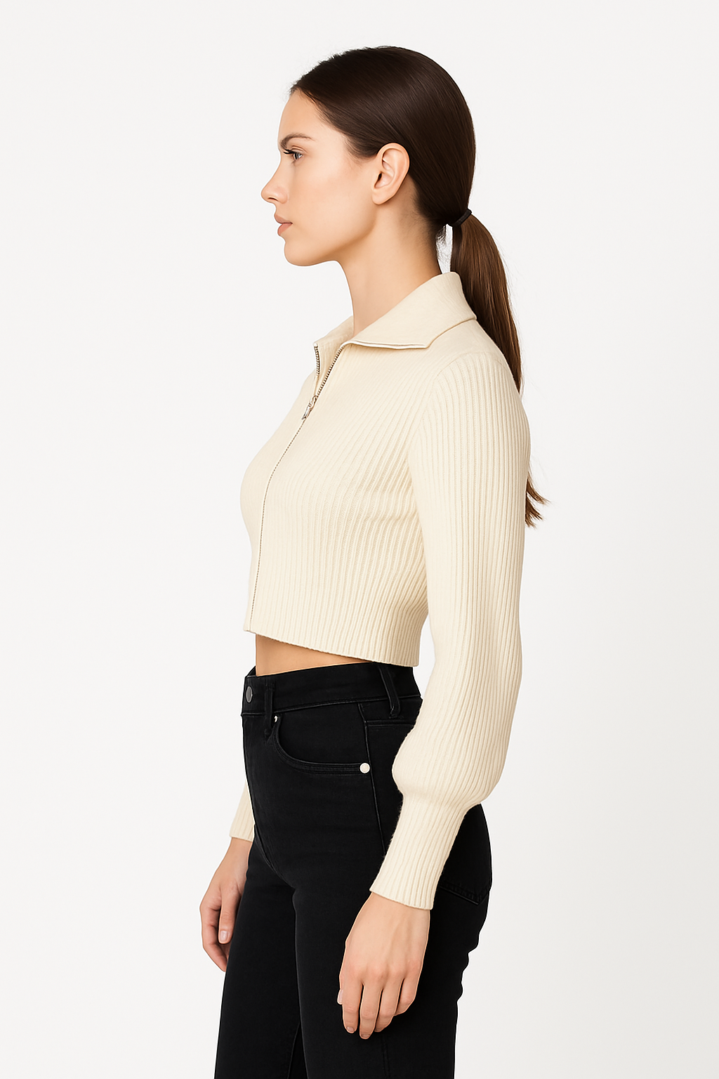 Eleganter Cropped Zip-Strickpullover Creme