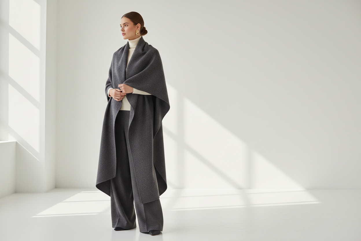 Eine Frau mit Mantelschalmodell für Webseite Hintergrund Clean alles soll minimalistisch und elegant aussehen