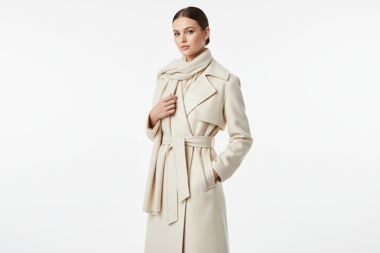 Elegante Modelaufnahme im Hochformat auf weißem Hintergrund. Eine stilvolle Frau trägt einen hochwertigen, cremefarbenen Mantel und einen hellen Schal. Der Look soll modern, minimalistisch und luxuriös wirken. Weiches Studiolicht, klare Linien, hochwertige Modefotografie, neutraler weißer Hintergrund, keine Ablenkungen. Ideal als Hero-Bild für einen Fashion-Onlineshop.“