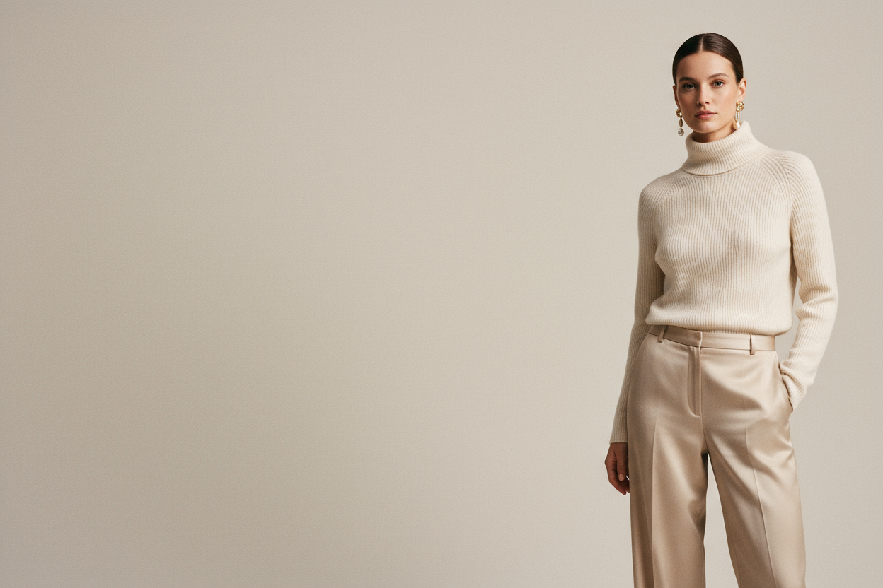 Generiere bitte ein Bild, wo ein Modell in einem Rollkragenpullover Sehr schön aussieht und elegant sie soll eher rechts stehen im bild Das Bild soll so aussehen, als wär es von einer Webseite die Luxusprodukte anbietet sehr minimalistisch wie Dior oder Cartier etc 